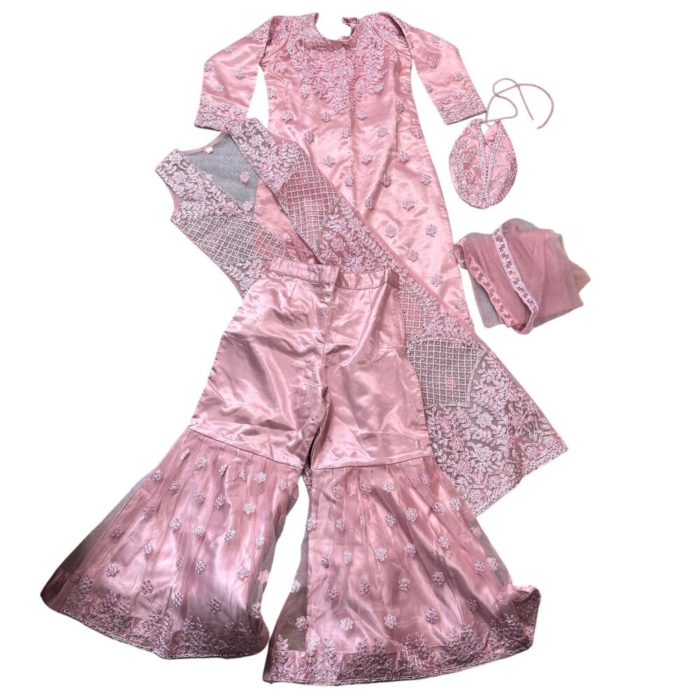 SOLD… Little Girls 4-Piece Pink Pakistani Salwar Kameez, Gharara Suit & Jacket